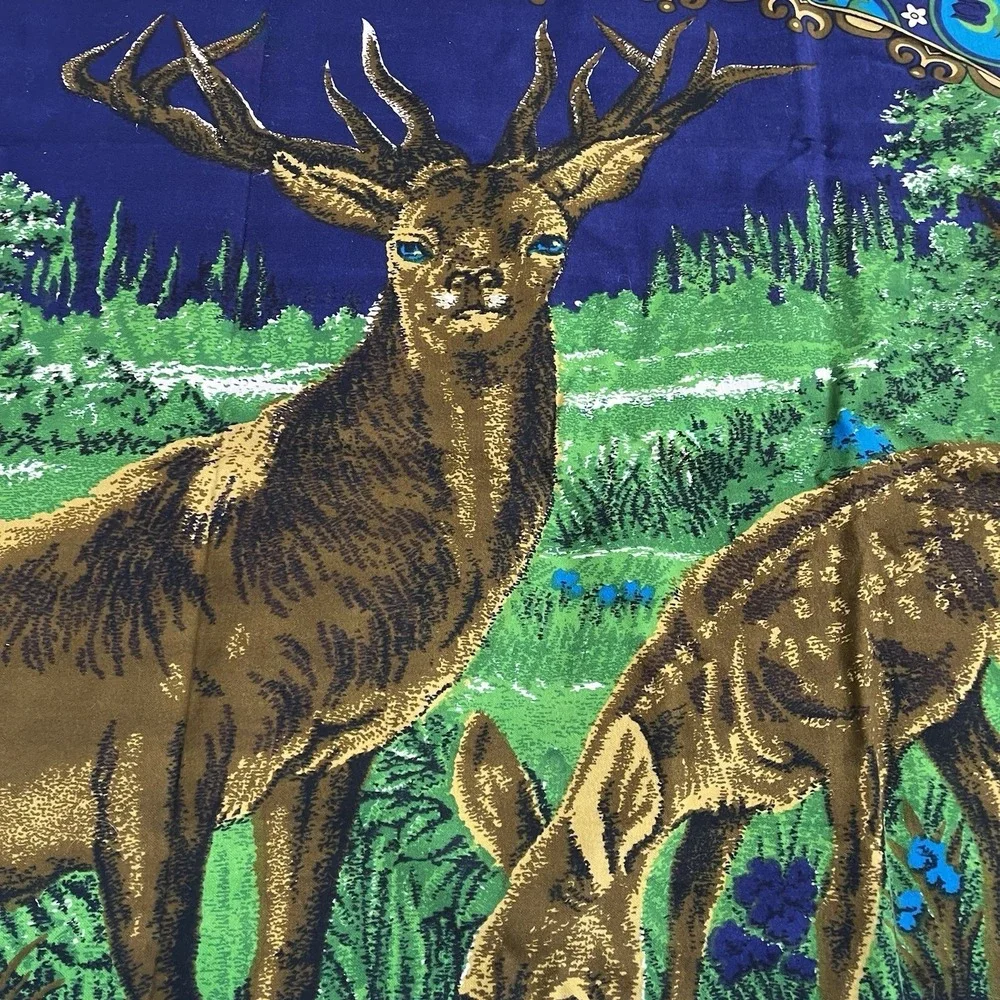 Vtg Tapestry Elk‎ Deer MCM Blue Floral Velvet Wall Hanging 55x39 Mancave Lodge